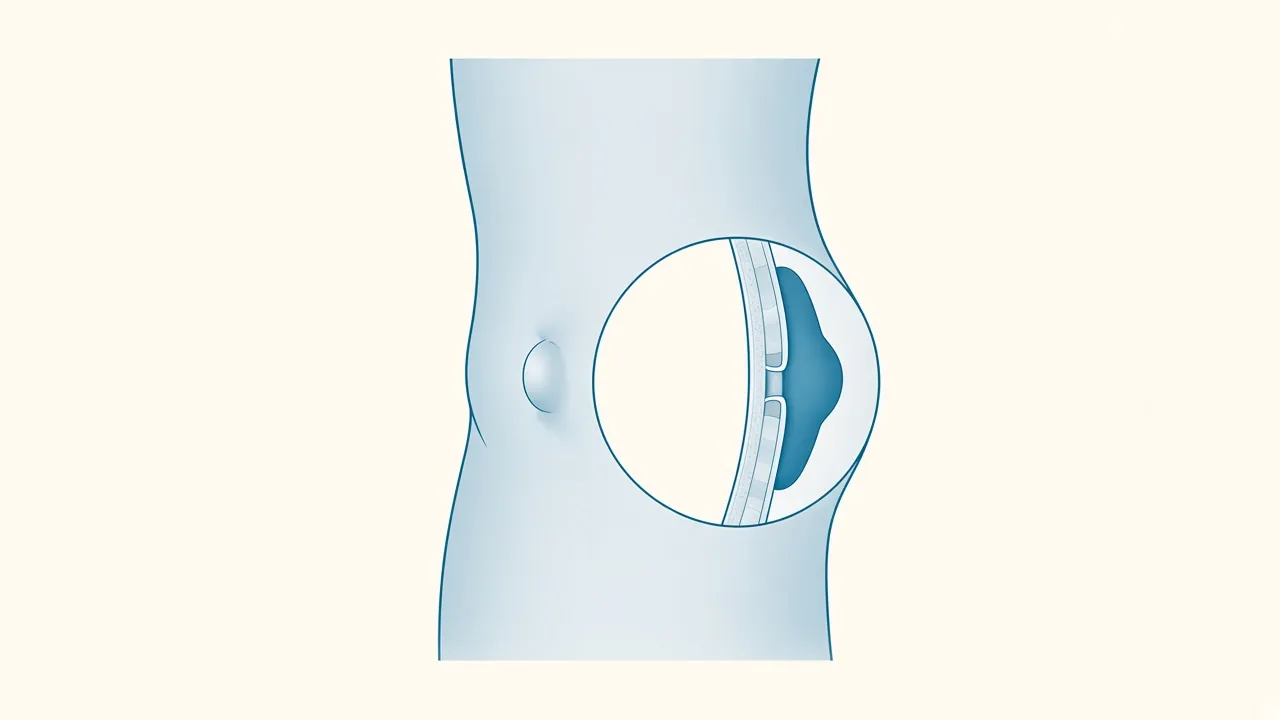 Ilustración de una hernia en la pared abdominal, cerca del ombligo