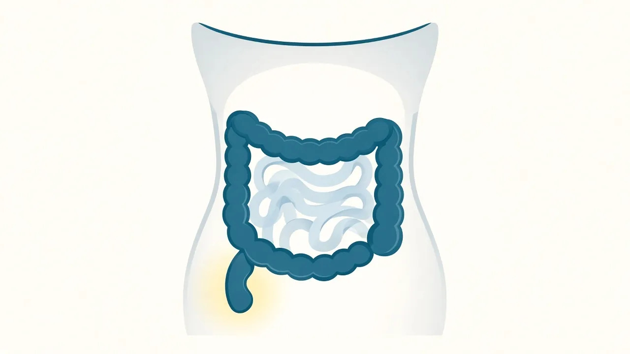 Ilustración del abdomen con el intestino grueso y el apéndice